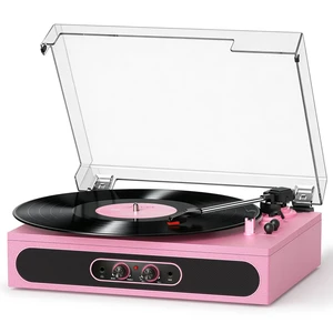 Pink Vinyl Record Player with Built-in Speakers, 3-Speed Belt-Driven Turntable for Vinyl Records, Wireless Bluetooth, Tone Adjust Control, RCA, AUX, Headphone Jack & Dust Cover Pink Vinyl Record Player with Built-in Speakers, 3-Speed Belt-Driven Turntable for Vinyl Records, Wireless Bluetooth, Tone Adjust Control, RCA, AUX, Headphone Jack & Dust Cover