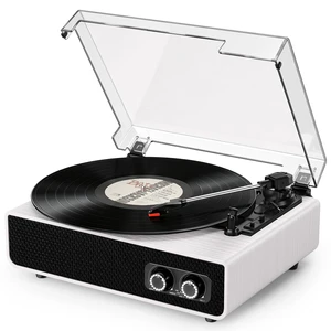 Vintage Mid-Century Record Player with Speakers, Bluetooth Playback, Bass Treble Tone Control, RCA Line-Out, Belt-Drive 3-Speed Turntable, White Wood Vintage Mid-Century Record Player with Speakers, Bluetooth Playback, Bass Treble Tone Control, RCA Line-Out, Belt-Drive 3-Speed Turntable, White Wood