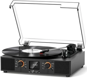 VINYLSLINK Black Vinyl Record Player, Bluetooth Turntable with Speakers | 3-Speed Turntable with Stereo Sound, LED Display, USB Recording, FM Radio, AUX, RCA Output, Headphone Jack and Auto Stop VINYLSLINK Black Vinyl Record Player, Bluetooth Turntable with Speakers | 3-Speed Turntable with Stereo Sound, LED Display, USB Recording, FM Radio, AUX, RCA Output, Headphone Jack and Auto Stop