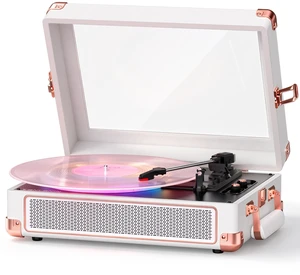 RGB Vinyl Record Player with Speakers, Clear Viewing Window, White | Portable Bluetooth suitcase turntable with tone control & 3-speed playback, designed for stylish home decor and music gifting RGB Vinyl Record Player with Speakers, Clear Viewing Window, White | Portable Bluetooth suitcase turntable with tone control & 3-speed playback, designed for stylish home decor and music gifting