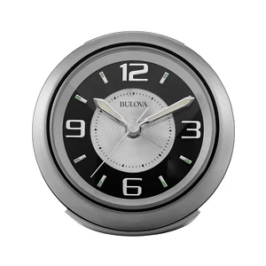 Bulova - 3.75" W x 3.75" H B5027 Lite Night Alarm Clock | Brushed Silver-Tone Case | Illuminated Dial | Luminous Hands | Quiet Sweep | Snooze Function