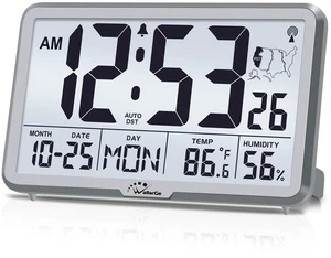 WallarGe Atomic Wall Clock with Backlight, Battery Operated | Large Digital Display, Indoor Temperature, Humidity, Date, AUTO DST, 6 Time Zones