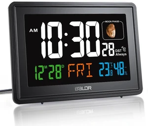 Baldr Digital Alarm Atomic Clock, 7'' Display with Adjustable Brightness | Large Desk Clock Indoor Temperature, Humidity & Moon Phase for Living Room Bedroom, Adapter Powered, Black