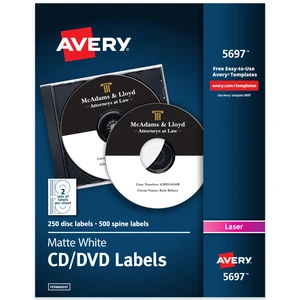 Avery® Printable CD Labels, Matte White, Permanent Adhesive, Laser Printer Compatible, 250 Disc & 500 Spine Labels, Ideal for DVDs, PC Discs, Media Projects & More (5697) Avery® Printable CD Labels, Matte White, Permanent Adhesive, Laser Printer Compatible, 250 Disc & 500 Spine Labels, Ideal for DVDs, PC Discs, Media Projects & More (5697)