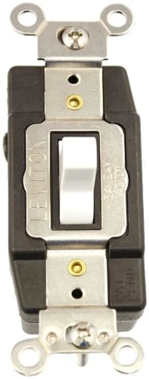 Leviton 3 Amp, 24 Volt AC/DC, Toggle Double Throw, Center Off, Momentary Contact, Single Pole, AC Quiet Switch, Industrial Grade, Grounding, 1081-W, White