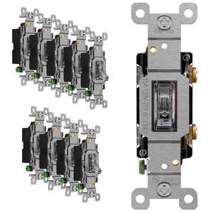 ENERLITES Illuminated Toggle Light Switch, 15 Amp, Single Pole, 10 Pack | Clear toggle lighted switch, gentle orange glow from edges, dark-space navigation, UL Listed, easy to install, versatile use