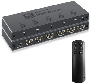 Enbuer 8K HDMI 2.1 Switch, HDMI 2.1 Switcher 5 in 1 Out Supports CEC 8K@60Hz, 4K@240Hz, 1080P@480Hz, HDCP 2.3 HDR 3D Dolby Atmos VRR Compatible with PS5 Xbox Blu-Ray Player with IR Remote Controller Enbuer 8K HDMI 2.1 Switch, HDMI 2.1 Switcher 5 in 1 Out Supports CEC 8K@60Hz, 4K@240Hz, 1080P@480Hz, HDCP 2.3 HDR 3D Dolby Atmos VRR Compatible with PS5 Xbox Blu-Ray Player with IR Remote Controller