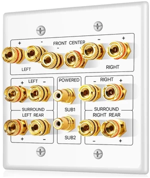 TNP 7.2 Home Theater Wall Plate, Dual RCA Subwoofer Jacks, 2-Gang White | Speaker Wall Plate for Surround Sound Setups with Banana Plug Binding Posts for 7 Speakers and Rca Jacks for 2 Subwoofers TNP 7.2 Home Theater Wall Plate, Dual RCA Subwoofer Jacks, 2-Gang White | Speaker Wall Plate for Surround Sound Setups with Banana Plug Binding Posts for 7 Speakers and Rca Jacks for 2 Subwoofers