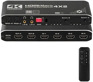 HDMI Matrix Switch 4x2, 4K HDMI Matrix Switcher Splitter 4 in 2 Out Box with EDID Extractor and IR Remote Control Support 4K HDR, HDMI 2.0b, HDCP 2.2, 4K@60Hz, 3D, 1080P HDMI Matrix Switch 4x2, 4K HDMI Matrix Switcher Splitter 4 in 2 Out Box with EDID Extractor and IR Remote Control Support 4K HDR, HDMI 2.0b, HDCP 2.2, 4K@60Hz, 3D, 1080P
