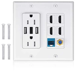 2 Power Outlet 15A with Dual 2.4A USB Charger Port Wall Plate with LED Lighting, IQIAN 4 HDMI HDTV + 1 CAT6 RJ45 Ethernet + Coaxial Cable TV F Type Keystone Face Plate White 2 Power Outlet 15A with Dual 2.4A USB Charger Port Wall Plate with LED Lighting, IQIAN 4 HDMI HDTV + 1 CAT6 RJ45 Ethernet + Coaxial Cable TV F Type Keystone Face Plate White