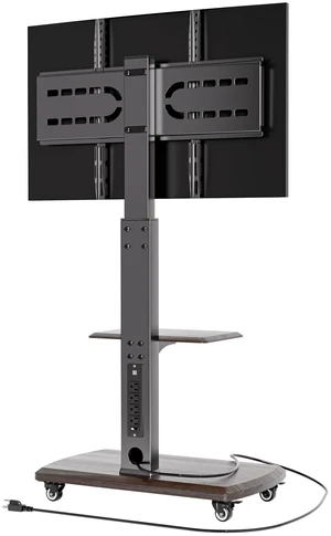 OUKMIC Rolling TV Stand with Power Outlet for 32 to 80 inch TVs, Brown | Up to 131lbs, Height Adjustable, Spacious Shelf, for Living Room, Bedroom, Office, Moveable TV Cart on Wheels
