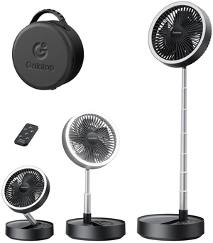 Gaiatop Portable Pedestal Fan 16000mAh Battery [Max 74h Runtime], Foldable Oscillating Standing Fan, Collapsible Desk Fans, LED Light, Case & Remote Control 4 Speeds for Outdoor Travel Camping (Black)