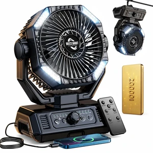 BINUYASHA Rechargeable Camping Fan with 20000mAh Battery, 8-Speed Stepless Control, Remote, Auto Oscillating, Dual LED Light & Timer, Hanging Hook for Tent, Beach, Power Outage