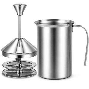 Cabilock 800ml Manual Milk Frother, Stainless Steel Hand Pump Milk Foamer with Double Mesh Screen, Non Electric Frothing Pitcher for Coffee, Latte, Cappuccino, Matcha and Hot Chocolate