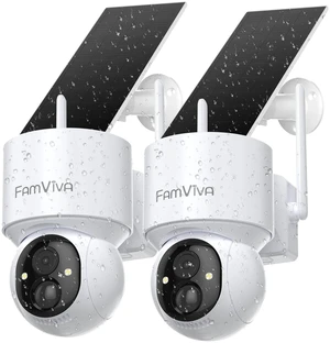 FAMVIVA 2K Solar Security Cameras Wireless Outdoor, 360°PTZ Battery Powered Cameras for Home Security, 2.4G WiFi Outdoor Camera with Color Night Vision, IP66 Waterproof, Motion Sensor Alarm, White-4P
