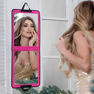 LPHUMEX Sparkle Hot Pink Folding Mirror 13x33, Foldable Full-Length Travel Mirror 3-Way Use, Perfect for Dance, Festivals, RV