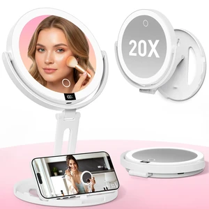 VEXOOX Foldable Travel Makeup Mirror with Light and Magnification, White | Double Sided 1X/ 20X Magnifying, 3 Color Lighting & Stepless Dimming, Digital Screen, Portable Rechargeable Vanity Mirror VEXOOX Foldable Travel Makeup Mirror with Light and Magnification, White | Double Sided 1X/ 20X Magnifying, 3 Color Lighting & Stepless Dimming, Digital Screen, Portable Rechargeable Vanity Mirror