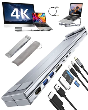 USB C Laptop Stand with Docking Station,8 in 1 Hub Laptop Stand Foldable Computer Riser with 4K HDMIPD 100W Dual Data Ports Multiport Adapter for Notebook Tablet,Portable Height Adjustable Holder