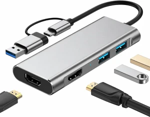 Laptop Docking Station Dual Monitor, 4 in 2 USB C Hub, 1080P Dual Monitor with 2 60hz HDMI, USB3.0, USB2.0, USB to HDMI Extension, Display Link for Mac, Win and More (4 in 1)