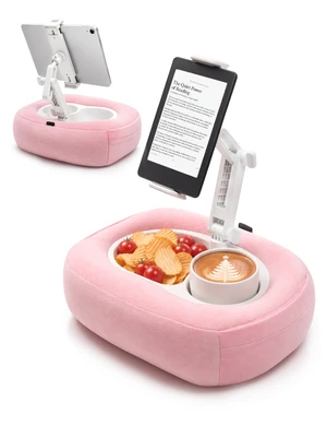 TabHolderix Tablet Pillow Stand, 360° Rotating Tablet Holder for Bed, Pink | Compatible with Kindle and iPad, Fits 4.7-13-Inch Phones/Tablets, With 2 Snack Bowls, Ideal for Reading Gifts and Christmas