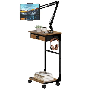 Floor Kindle Phone Tablet Stand with Drawer & Storage Shelves, Angle Height Adjustable Tablet Kindle Cell Phone Holder For Bed with Rotating Wheels, Compatible With 4.7"-13" Tablet iPone iPad Air Pro