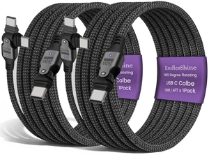 EndlesShine USB C to USB C Cable 6FT, 180 Rotation PD 240W Black 2 Pack | Fast Charging 480Mbps Data Transfer, Type C Charger Cord with E-Marker Chip, for Laptop Phone iPad EndlesShine USB C to USB C Cable 6FT, 180 Rotation PD 240W Black 2 Pack | Fast Charging 480Mbps Data Transfer, Type C Charger Cord with E-Marker Chip, for Laptop Phone iPad