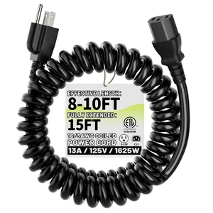 Universal 15ft Power Coiled Cord, 3-Prong Pure Copper ETL, Black | 13A 125V,16AWG NEMA 5-15P to C13 Universal TV Power Spring Cable for Computer, PC, Desktop, Printer, Scanner ,radio Black(S) Universal 15ft Power Coiled Cord, 3-Prong Pure Copper ETL, Black | 13A 125V,16AWG NEMA 5-15P to C13 Universal TV Power Spring Cable for Computer, PC, Desktop, Printer, Scanner ,radio Black(S)