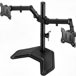 monTEK Freestanding Dual Monitor Stand for 17-32" Screens, 22 lbs Each | Solid V-shaped base, dual-screen full-motion arms, height adjustment, tilt, swivel, rotation and VESA 75/100