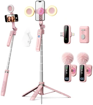 Pink Vlogging Kit for iPhone/Android, 71" Magnetic Auto Face Tracking Tripod for iPhone, 6 in 1 Selfie Stick with Lights & Microphone for TikTok Content Creator Kit, for Women Pink Vlogging Kit for iPhone/Android, 71" Magnetic Auto Face Tracking Tripod for iPhone, 6 in 1 Selfie Stick with Lights & Microphone for TikTok Content Creator Kit, for Women