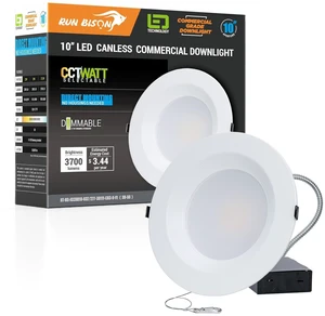 Run Bison 10 Inch Recessed LED Commercial Downlight with J-Box, ETL Listed | Wattage Adjustable 22/29/37.5W,3 Color Selectable 3000K-5000K, 120-277V,10%-100% Dimmable, Canless LED Downlight