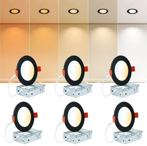 CycevSun Black 4 Inch Recessed Lights, Canless Wafer Pot Lighting, 6 Pack | Dimmable, 5 Color Temperature Selectable, Soffit, With Junction Box, No Can Needed, 9W 750LM, 120V, IC Rated, ETL