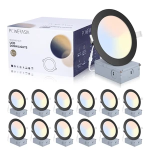 POWERASIA 12 Pack 6 Inch LED Recessed Lighting, 5CCT Canless Wafer, Black | 2700K-6000K Selectable, 5%-100% Dimmable, Ultra-thin, Metal housing 1200LM 15W, IC & Damp Rated, ETL & FCC 50000h Life Span POWERASIA 12 Pack 6 Inch LED Recessed Lighting, 5CCT Canless Wafer, Black | 2700K-6000K Selectable, 5%-100% Dimmable, Ultra-thin, Metal housing 1200LM 15W, IC & Damp Rated, ETL & FCC 50000h Life Span