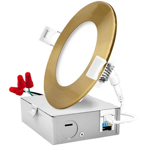 LUXRITE 4" Ultra Thin LED Recessed Light, with J-Box, 10W, Brass Trim | 5 Color Options 2700K | 3000K | 3500K | 4000K | 5000K, Dimmable Wafer Lights, 750 Lumens, Energy Star, IC Rated