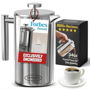SterlingPro Non-Toxic Insulated Stainless Steel French Press Coffee Maker 34oz Insulated Metal Double Wall Coffee Maker | Plastic Free | Cool-Touch | Mirror Finish | Makes up to 8 Cups / 4 Mugs SterlingPro Non-Toxic Insulated Stainless Steel French Press Coffee Maker 34oz Insulated Metal Double Wall Coffee Maker | Plastic Free | Cool-Touch | Mirror Finish | Makes up to 8 Cups / 4 Mugs