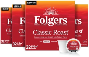 Folgers Classic Roast Coffee, Medium Roast, Keurig K-Cup Pods, 128 Count | 4 (32 count) boxes, Compatible with Keurig coffee makers Folgers Classic Roast Coffee, Medium Roast, Keurig K-Cup Pods, 128 Count | 4 (32 count) boxes, Compatible with Keurig coffee makers