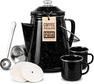 Toughty 12 Cup Enamel Coffee Percolator, Camping Stovetop Coffee Pot, Black | 12-Cup Enamel Coffee Percolator with 2 Matching Mugs, Perfect for Family Gatherings, Camping Trips, and Outdoor Adventures Toughty 12 Cup Enamel Coffee Percolator, Camping Stovetop Coffee Pot, Black | 12-Cup Enamel Coffee Percolator with 2 Matching Mugs, Perfect for Family Gatherings, Camping Trips, and Outdoor Adventures