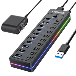 Powered USB Hub, 10-Port USB Splitter with RGB LED Strip | 5Gbps Data Transfer,Individual LED On/Off Switches and 12V/2A Power Adapter for Laptop, PC Powered USB Hub, 10-Port USB Splitter with RGB LED Strip | 5Gbps Data Transfer,Individual LED On/Off Switches and 12V/2A Power Adapter for Laptop, PC