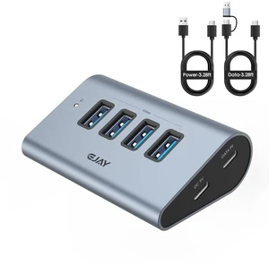 EJAY 4-Port Powered USB 3.0 Hub - 23° Ergonomic Angled Desktop Data Hub | Traceless Tape for Firm Mount | 2-in-1 USB C & A Cable | 5V Extra Power Extension for PC/Mac EJAY 4-Port Powered USB 3.0 Hub - 23° Ergonomic Angled Desktop Data Hub | Traceless Tape for Firm Mount | 2-in-1 USB C & A Cable | 5V Extra Power Extension for PC/Mac