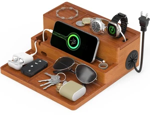 Zaldia Valet Tray, Nightstand Organizer with Charging Station | Assembly-Free 3 Layer Wood Valet Tray for Men, Phone Docking Station with USB Ports for Watch, Nice Gift (Stylish Brown) Zaldia Valet Tray, Nightstand Organizer with Charging Station | Assembly-Free 3 Layer Wood Valet Tray for Men, Phone Docking Station with USB Ports for Watch, Nice Gift (Stylish Brown)