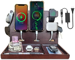 Xunhomon USB Charging Station for Multiple Devices Wood Phone Docking Station with QC3.0 & PD 22.5W Type c Charger Fast Charging for iPhone Samsung Google Andriod Smart Watch Earbuds Gifts for Men Xunhomon USB Charging Station for Multiple Devices Wood Phone Docking Station with QC3.0 & PD 22.5W Type c Charger Fast Charging for iPhone Samsung Google Andriod Smart Watch Earbuds Gifts for Men