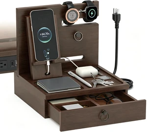Nightstand Organizer Wood Bedside Organizer Docking Station | with USB Ports and Outlets, Walnut, Gifts for Men, Nightstand Drawer Organizer for Cellphone, Watch, Sunglasses & Accessorie Nightstand Organizer Wood Bedside Organizer Docking Station | with USB Ports and Outlets, Walnut, Gifts for Men, Nightstand Drawer Organizer for Cellphone, Watch, Sunglasses & Accessorie
