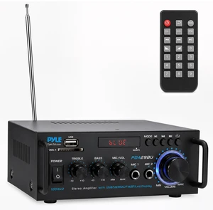 Pyle Bluetooth Stereo Amplifier 2-Channel Audio Receiver, 200W Max, Wireless, USB/SD/FM Radio, RCA Input, Speaker Terminals, Dual Mic Input, Bass & Treble Controls, Remote Included Pyle Bluetooth Stereo Amplifier 2-Channel Audio Receiver, 200W Max, Wireless, USB/SD/FM Radio, RCA Input, Speaker Terminals, Dual Mic Input, Bass & Treble Controls, Remote Included