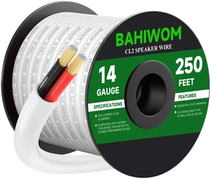 BAHIWOM White Speaker Wire 14 Gauge 250FT CL2 Rated CCA Speaker Cable | Flexible PVC Jacket 2 Conductors Red & Black Polarity Mark for Home Theater,Indoor,In-Wall,In-Ceiling & Marine BAHIWOM White Speaker Wire 14 Gauge 250FT CL2 Rated CCA Speaker Cable | Flexible PVC Jacket 2 Conductors Red & Black Polarity Mark for Home Theater,Indoor,In-Wall,In-Ceiling & Marine
