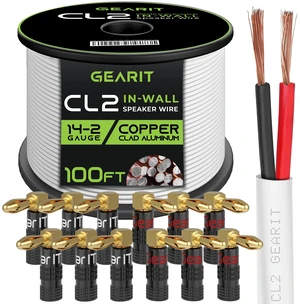 GearIT 100ft 14ga CL2 Speaker Wire & 12 Rt Angle Banana GearIT 100ft 14ga CL2 Speaker Wire & 12 Rt Angle Banana