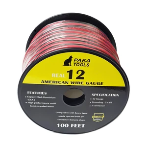 PAKA TOOLS Speaker Wire (100 Feet), Copper Clad Aluminum, CCA Thick Gauge Copper Wire for Stereo, Surround Sound, Home Theater, Radio (Black/Red, 100 Feet,one Spool) (12 Gauge) PAKA TOOLS Speaker Wire (100 Feet), Copper Clad Aluminum, CCA Thick Gauge Copper Wire for Stereo, Surround Sound, Home Theater, Radio (Black/Red, 100 Feet,one Spool) (12 Gauge)