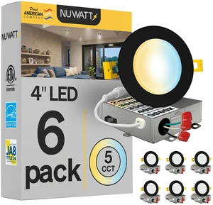 4 Inch LED Black Recessed Lighting, 5CCT 2700K-5000K, Dimmable, 6 PK | 630LM, CRI 90, Wet & IC Rated, 45 Year Life, 27K/30K/35K/40K/50K Selectable, 9W, 120V, Canless Black 4" LED Wafer Lights, ETL