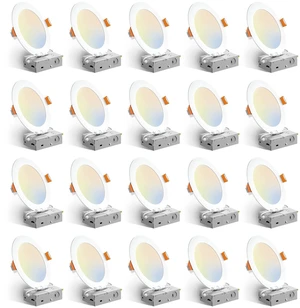Amico 20 Pack 6 Inch LED Recessed Light with Junction Box, 5CCT, 1050LM | 12W, 2700K-5000K, 5%-100% Dimmable, 120V, White, Metal Housing, Ultra-Thin Canless Wafer Downlight, ETL, FCC, IC & Damp Rated