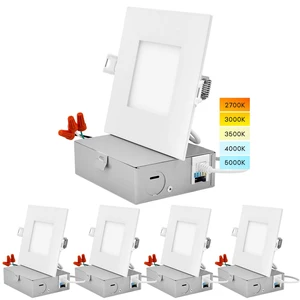 LUXRITE 4 Inch Ultra Thin Square LED Recessed Lighting (4 Pack) | 5 Color Temperature Options 2700K - 5000K, Dimmable Downlight, 10W, IC Rated, Wet Rated, Canless LED Recessed Light, 120V