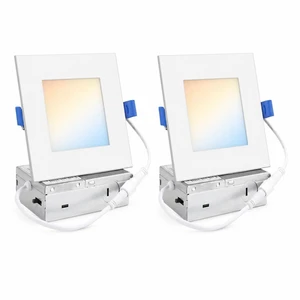 HONZIN Square LED Recessed Lighting 4 Inch, 5CCT Ultra Thin Led Recessed Ceiling Lights 2 Pack, Selectable 2700K/3000K/3500K/4000K/5000K, 9W, IC Rated, Dimmable Square White Trim with Junction Box