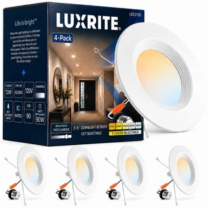 LUXRITE 5/6 Inch LED Recessed Retrofit Downlight, Baffle Trim (4 Pack) | 14W=90W, CCT Color Selectable 2700K | 3000K | 3500K | 4000K | 5000K, Dimmable Can Light, 1100 Lumens, Wet Rated, Energy Star